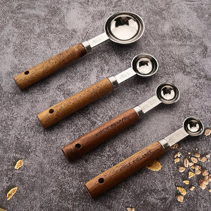 8-Piece Nesting Kitchen Measuring Spoons with Wood Handles Stainless Steel Cooking Baking Tools Set