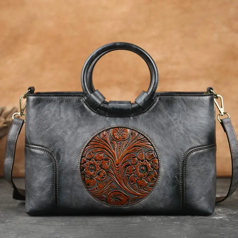 Embossed Leather Handbag for Women with Adjustable Strap and Multiple Compartments – Vintage-Inspired Shoulder Bag Purse