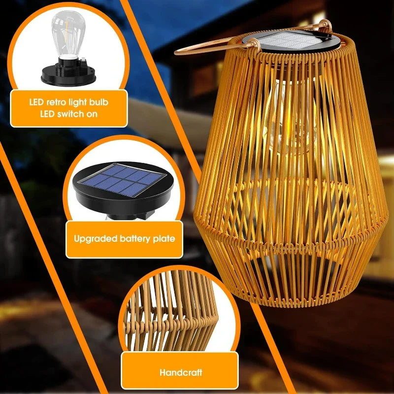 Solar Hanging Lantern Woven Wicker Style 8in Weatherproof LED Light for Patio Garden Balcony Porch Outdoor Spaces Cordless Automatic Dusk Da