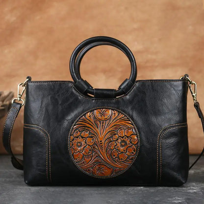 Embossed Leather Handbag for Women with Adjustable Strap and Multiple Compartments – Vintage-Inspired Shoulder Bag Purse
