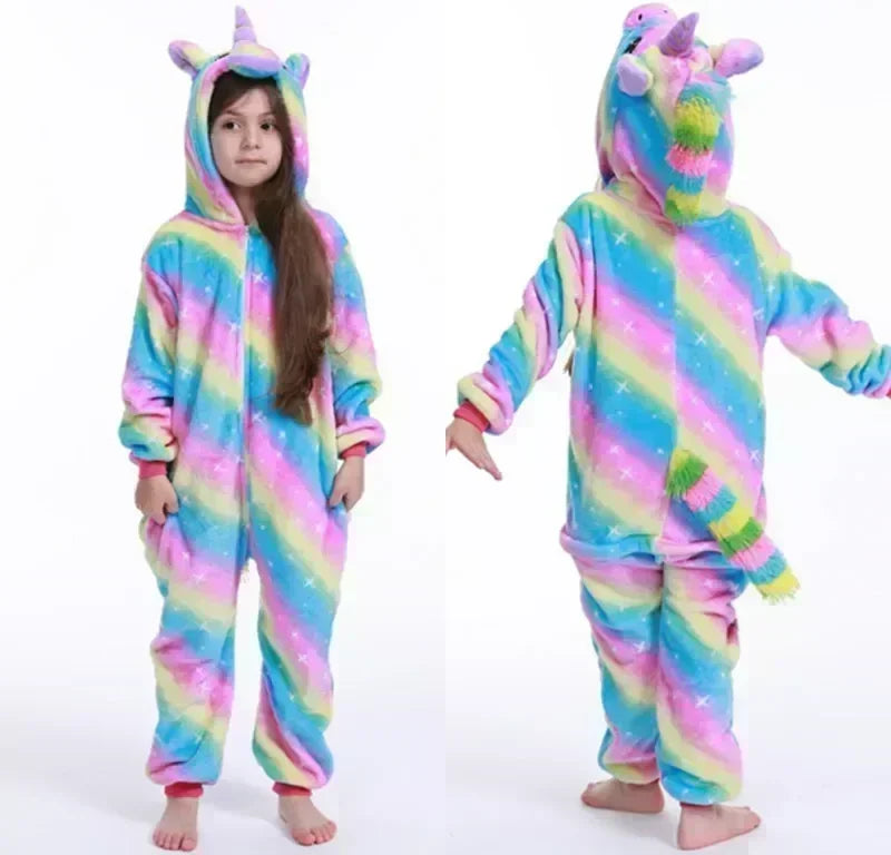 Combinaison licorne à capuche en polaire pour filles, déguisement arc-en-ciel, tenue de détente chaude pour enfants, pyjama une pièce, vêtements de nuit d'hiver pour enfants