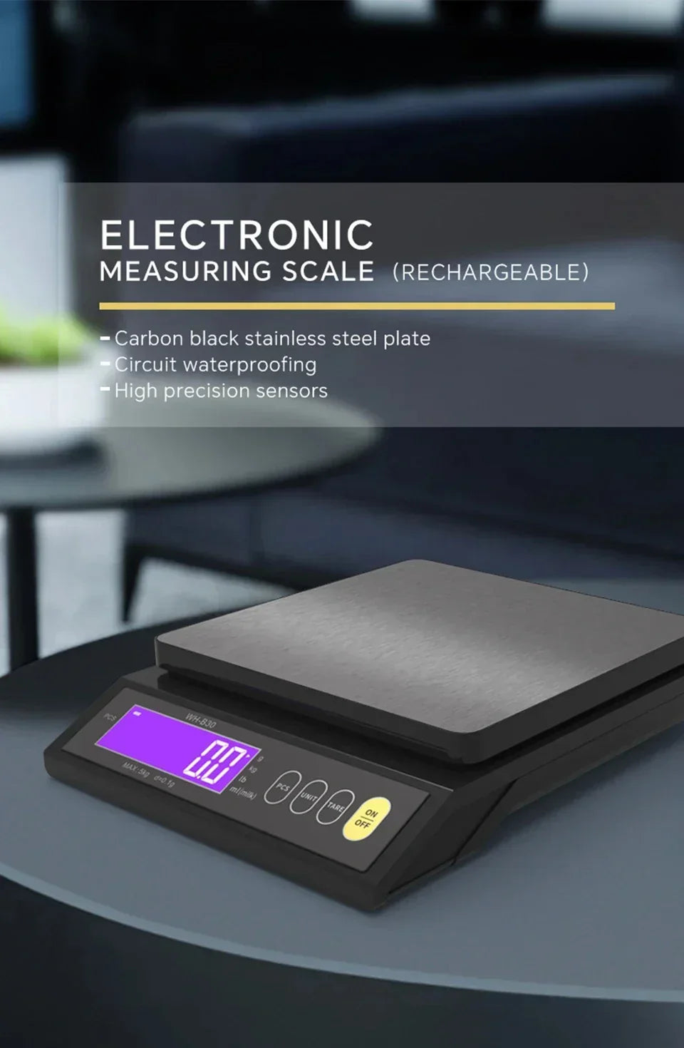 Balance de cuisine numérique étanche – Capacité de 5 kg / 1 g ou 10 kg / 1 g, balance culinaire rechargeable à écran LCD pour la préparation des repas, la pâtisserie et le contrôle des portions