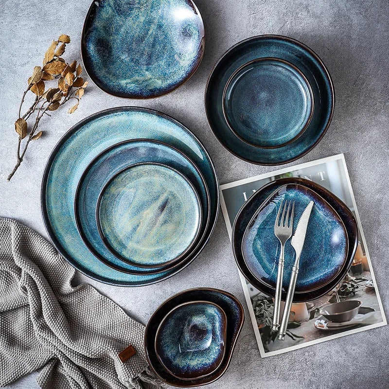 Handcrafted Porcelain Tableware Set with Turquoise Glaze - 11-Piece Service for Dinner Parties & Family Meals - Microwave & Dishwasher Safe