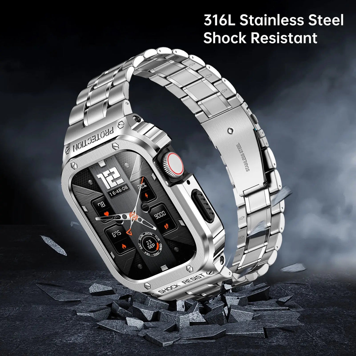 Metal Band and Bumper Case Bundle for Apple Watch 44mm 45mm Series – Shock-Absorbing Frame with Coordinated Strap in Black Silver Gold
