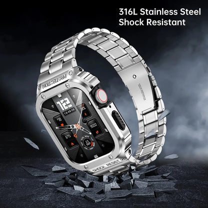 Metal Band and Bumper Case Bundle for Apple Watch 44mm 45mm Series – Shock-Absorbing Frame with Coordinated Strap in Black Silver Gold