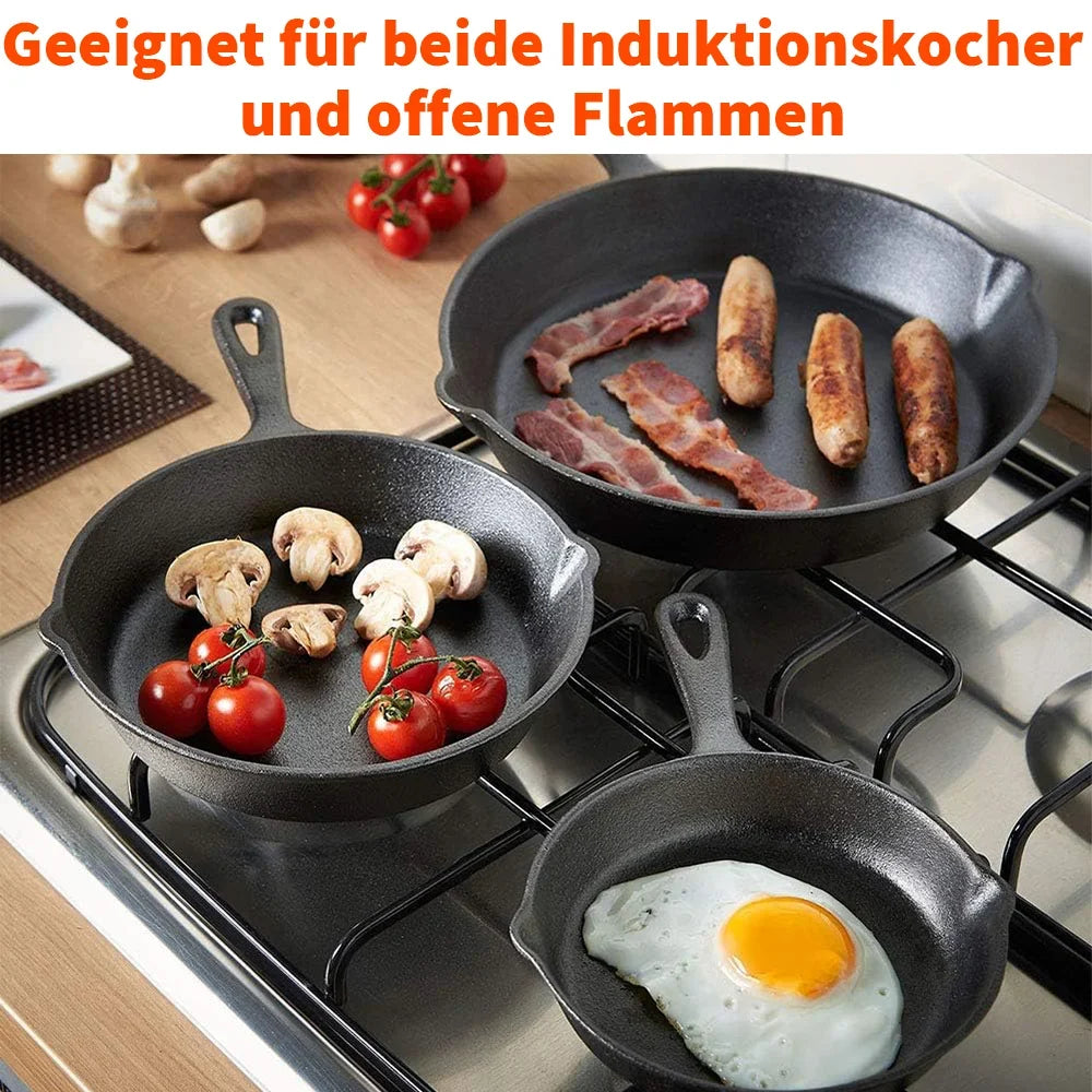 Skillet Trio Cast-Iron Cookware 6.3-Inch 7.9-Inch 10.2-Inch Uncoated Multi-Burner Stovetop Campfire Searing Frying Skillets for Induction Ga
