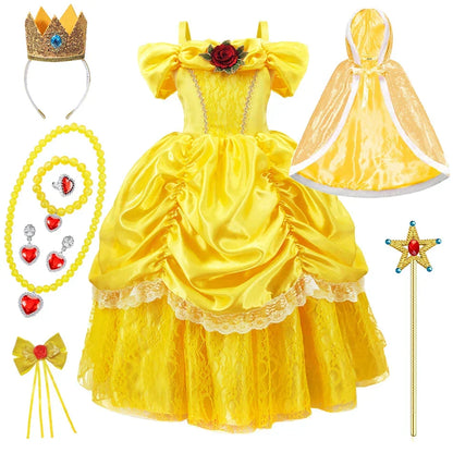 Girls Princess Gown Costume with Tiara and Gloves – Complete Belle-Inspired Dress-Up Set for Birthday Parties, Halloween, Cosplay & Special