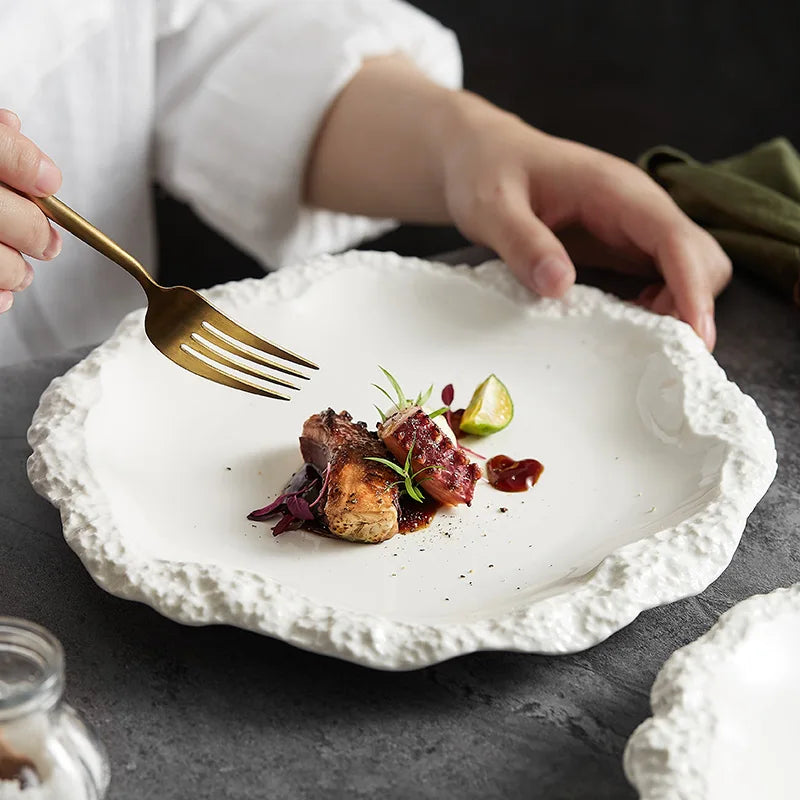 Plat de service en grès de 26,5 cm, rond, bord texturé, vaisselle de table, assiette en porcelaine pour repas quotidiens en cuisine, grand plat rustique