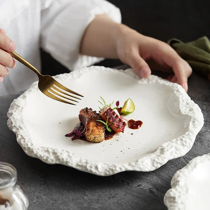 Plat de service en grès de 26,5 cm, rond, bord texturé, vaisselle de table, assiette en porcelaine pour repas quotidiens en cuisine, grand plat rustique