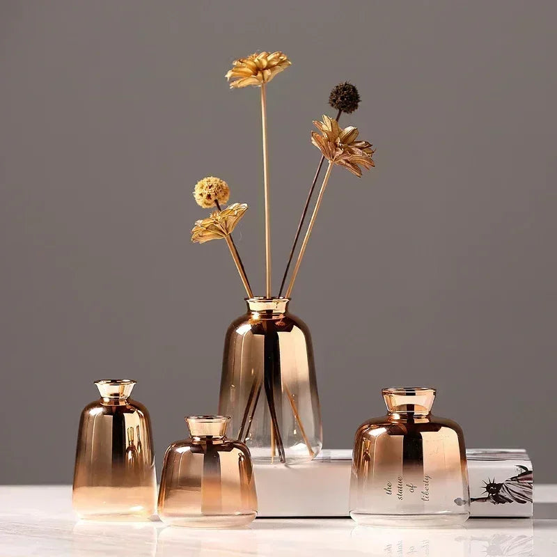 Rose Gold Glass Bud Vase 4 Inch Tall Metallic Gradient Floral Holder Tabletop Accent Small Decorative Vessel for Fresh Cut Flowers & Dried S