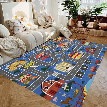 Kids Road Map Area Rug Soft Flannel Non-Slip City Streets for Toy Cars Playroom Bedroom Nursery 4 ft × 5 ft Washable Floor Mat for Toddlers