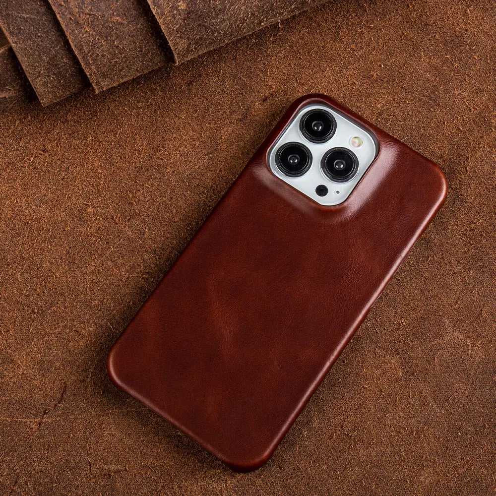 Handcrafted Full-Grain Cowhide iPhone Case – Shock-Absorbing Edge Protection with Raised Camera Lip and Port Precision