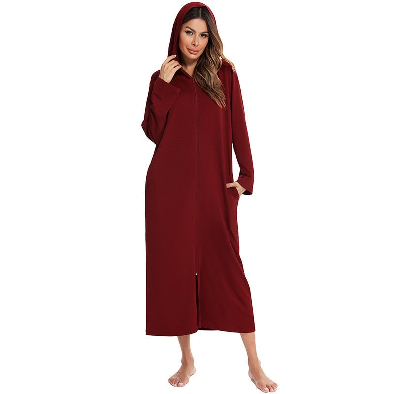 Zip-Front Hooded Bathrobe for Women – Soft Fleece Robe with Pockets & Full Zipper – Cozy Loungewear for Home, After Shower, Maternity