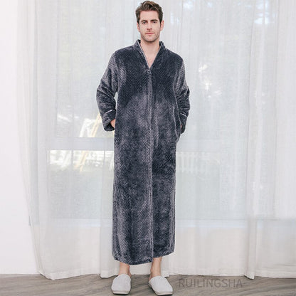 Zippered Fleece Bathrobe for Women & Men Hooded & Non-Hooded Thermal Lounge Robe with Pockets Soft Lightweight Warmth