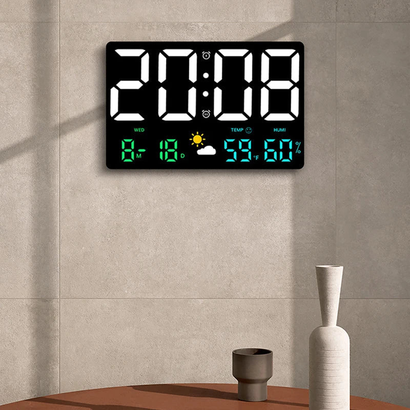 Réveil LED avec affichage météo 9,8 pouces, moniteur de température et d'humidité, télécommande, horloge numérique murale ou de bureau pour chambre et bureau