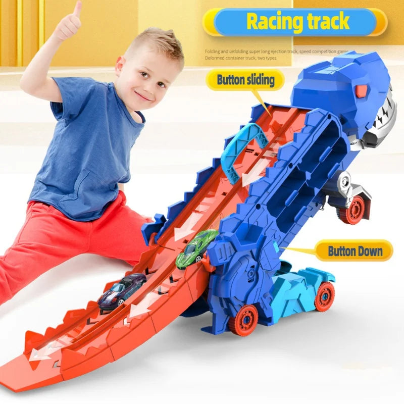 Transforming Dinosaur Race Track Playset with Storage for Mini Cars – 2-in-1 Dino Racetrack Toy for Kids Ages 3+