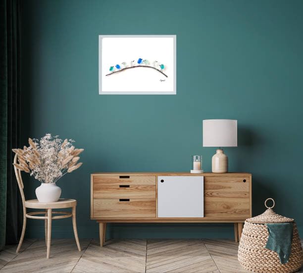 Sea Glass Bird Figurines on Driftwood Branch – Handcrafted Coastal Wall Art with Reclaimed Ocean Glass – 8, 10, or 12 Birds
