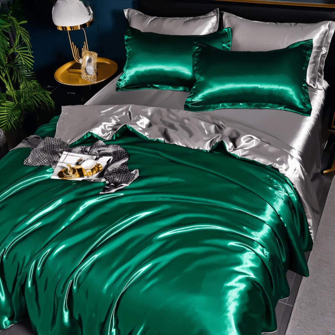 Parure de draps en soie premium, format Full, Queen, King, 22 mommes, doux et respirant, drap-housse, housse de couette et taies d'oreiller pour un confort toute l'année, régulation de la température