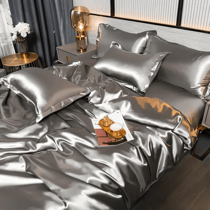 Parure de draps en soie premium, format Full, Queen, King, 22 mommes, doux et respirant, drap-housse, housse de couette et taies d'oreiller pour un confort toute l'année, régulation de la température