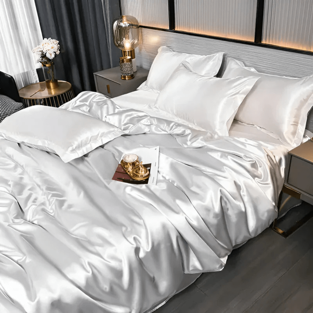 Parure de draps en soie premium, format Full, Queen, King, 22 mommes, doux et respirant, drap-housse, housse de couette et taies d'oreiller pour un confort toute l'année, régulation de la température