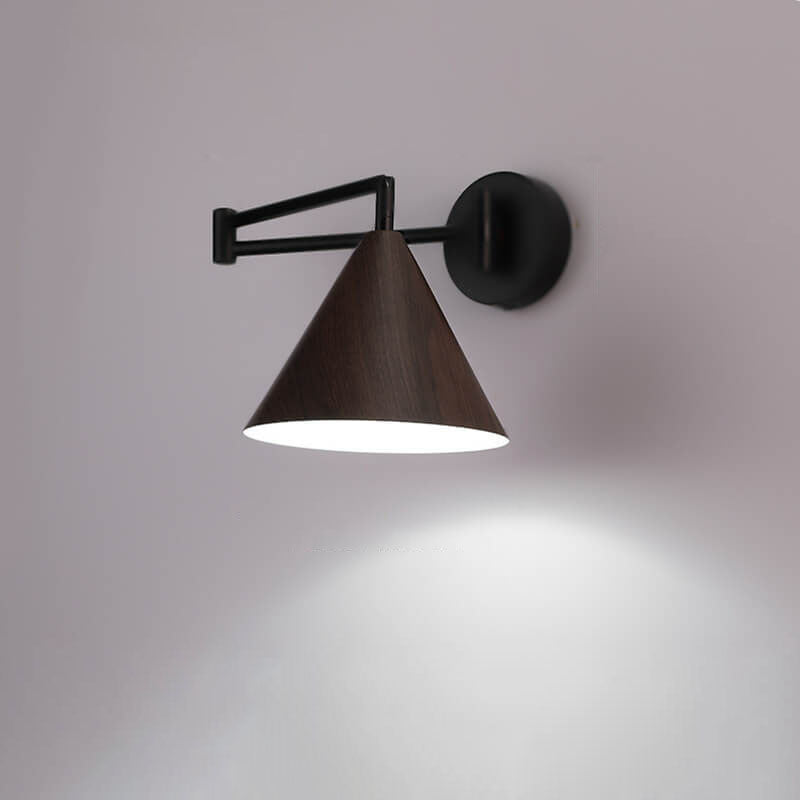 Swing Arm Wall Sconce with Conical Shade for Bedside Reading, Adjustable Iron Fixture in Walnut Finish, E26 Base, Bedroom Task Light