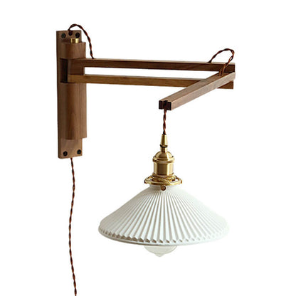 Applique murale articulée en bois avec abat-jour en verre nervuré – Lampe de lecture réglable pour chambre, couloir et salon au style moderne et Japandi