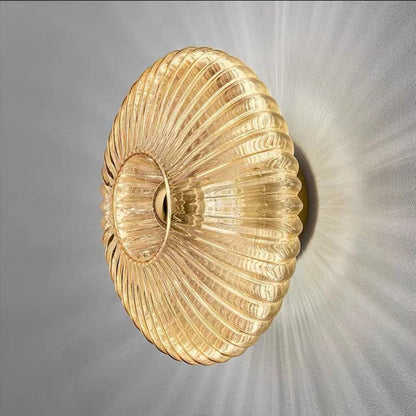 Ribbed Glass Disc Wall Light with Metal Mount | Scandi Minimalist Accent Lamp for Bedroom, Entryway & Hallway | Hardwired E26 Socket