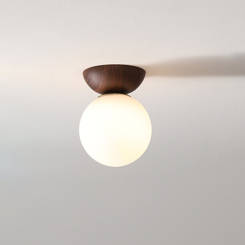 Globe Glass Ceiling Light with Wood Grain Finish – Modern Flush Mount & Pendant Option for Living Room, Bedroom, Hallway – E14 Socket