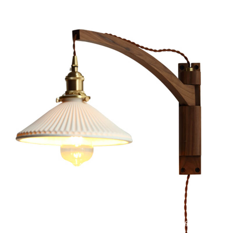 Extending Wall Sconce with Ribbed Glass Shade and Wood Arm for Bedroom, Living Room & Hallway Reading Light