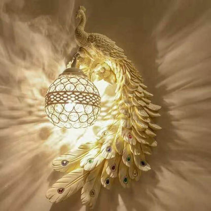 Crystal Globe Peacock Wall Light Fixture Decorative Resin Single Bulb Sconce for Bedroom Living Room Hallway Entryway Home Decor