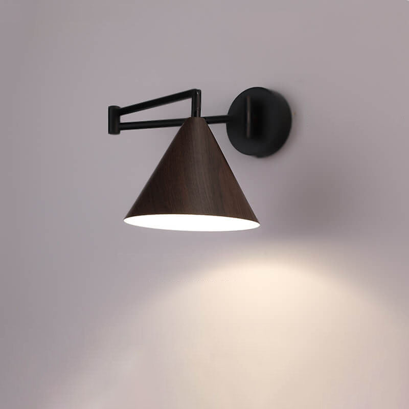 Swing Arm Wall Sconce with Conical Shade for Bedside Reading, Adjustable Iron Fixture in Walnut Finish, E26 Base, Bedroom Task Light