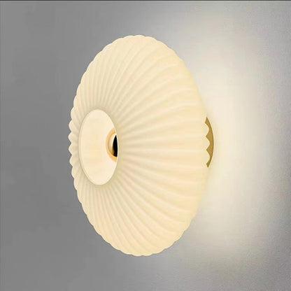 Ribbed Glass Disc Wall Light with Metal Mount | Scandi Minimalist Accent Lamp for Bedroom, Entryway & Hallway | Hardwired E26 Socket