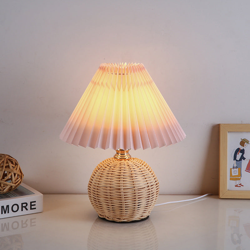 Nordic Rattan Table Lamp with Fabric Shade, USB Powered & Infinitely Dimmable LED Light for Bedroom, Living Room, Study