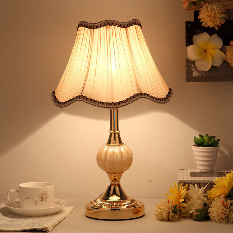 Desk Lamp with Fabric Shade & Metal Base 16.5 Inches High for Bedroom Nightstand Reading Study Room Office Workspace E26 Socket Gold White A