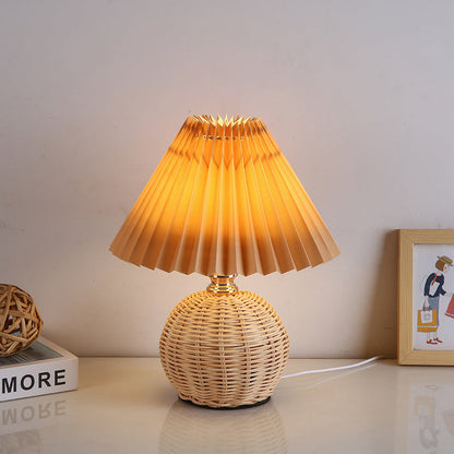 Nordic Rattan Table Lamp with Fabric Shade, USB Powered & Infinitely Dimmable LED Light for Bedroom, Living Room, Study