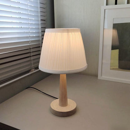 Solid Wood Table Lamp with Fabric Shade E26 Plug-In for Bedroom Living Room Study