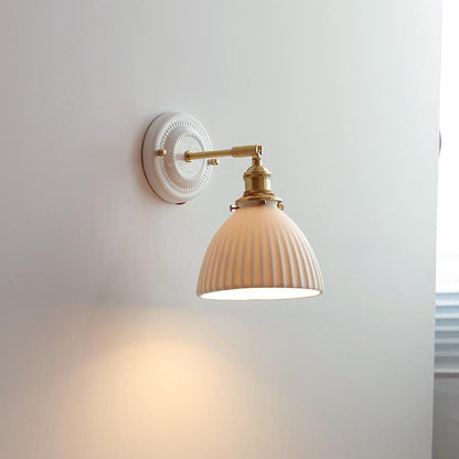 Pleated Shade Wall Sconce Lamp with Brass Arm for Bedroom Living Room & Study | Retro Japanese Style Ceramic Fixture