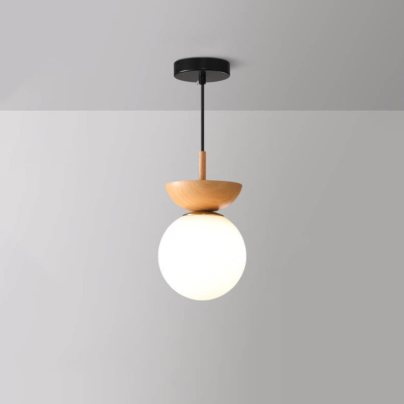 Globe Glass Ceiling Light with Wood Grain Finish – Modern Flush Mount & Pendant Option for Living Room, Bedroom, Hallway – E14 Socket