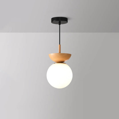 Globe Glass Ceiling Light with Wood Grain Finish – Modern Flush Mount & Pendant Option for Living Room, Bedroom, Hallway – E14 Socket