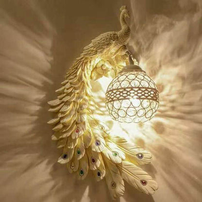 Crystal Globe Peacock Wall Light Fixture Decorative Resin Single Bulb Sconce for Bedroom Living Room Hallway Entryway Home Decor