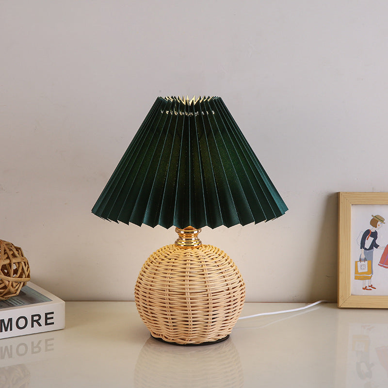 Nordic Rattan Table Lamp with Fabric Shade, USB Powered & Infinitely Dimmable LED Light for Bedroom, Living Room, Study