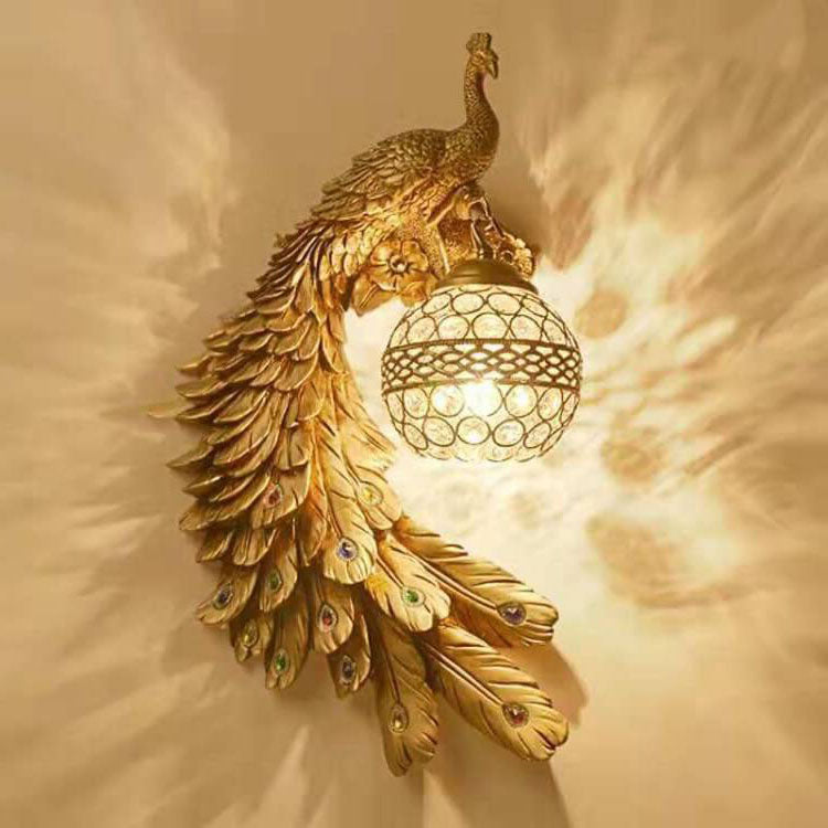 Crystal Globe Peacock Wall Light Fixture Decorative Resin Single Bulb Sconce for Bedroom Living Room Hallway Entryway Home Decor