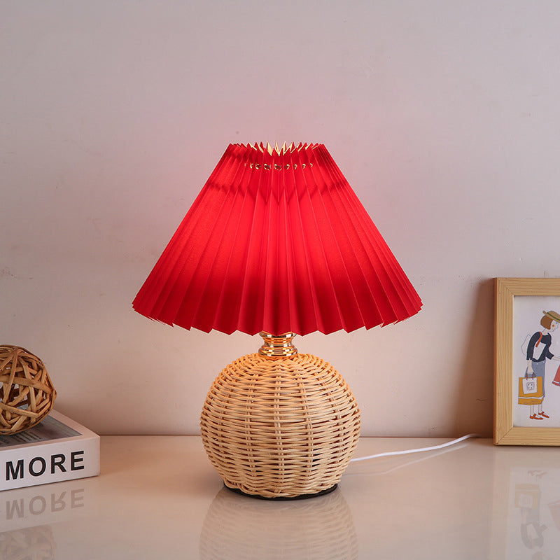 Nordic Rattan Table Lamp with Fabric Shade, USB Powered & Infinitely Dimmable LED Light for Bedroom, Living Room, Study
