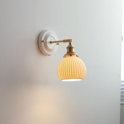 Pleated Shade Wall Sconce Lamp with Brass Arm for Bedroom Living Room & Study | Retro Japanese Style Ceramic Fixture