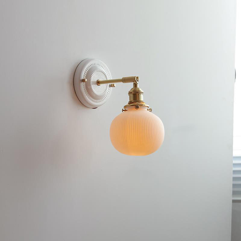 Handcrafted Porcelain Shade Brass Wall Light Fixture Single Bulb Hardwired Sconce for Bedroom Hallway Entryway Vintage Home Decor
