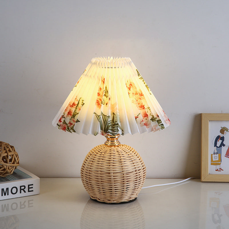 Nordic Rattan Table Lamp with Fabric Shade, USB Powered & Infinitely Dimmable LED Light for Bedroom, Living Room, Study