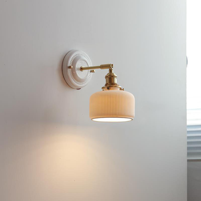 Pleated Shade Wall Sconce Lamp with Brass Arm for Bedroom Living Room & Study | Retro Japanese Style Ceramic Fixture