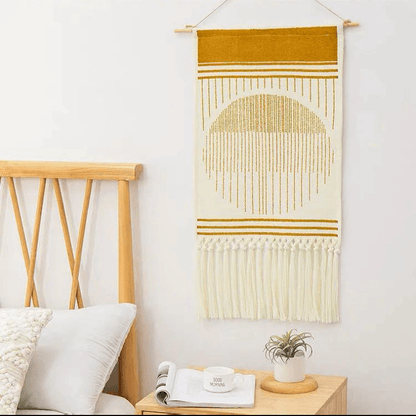 Handwoven Geometric Wall Hanging Tapestry with Tassel Fringe for Living Room, Bedroom & Boho Home Decor