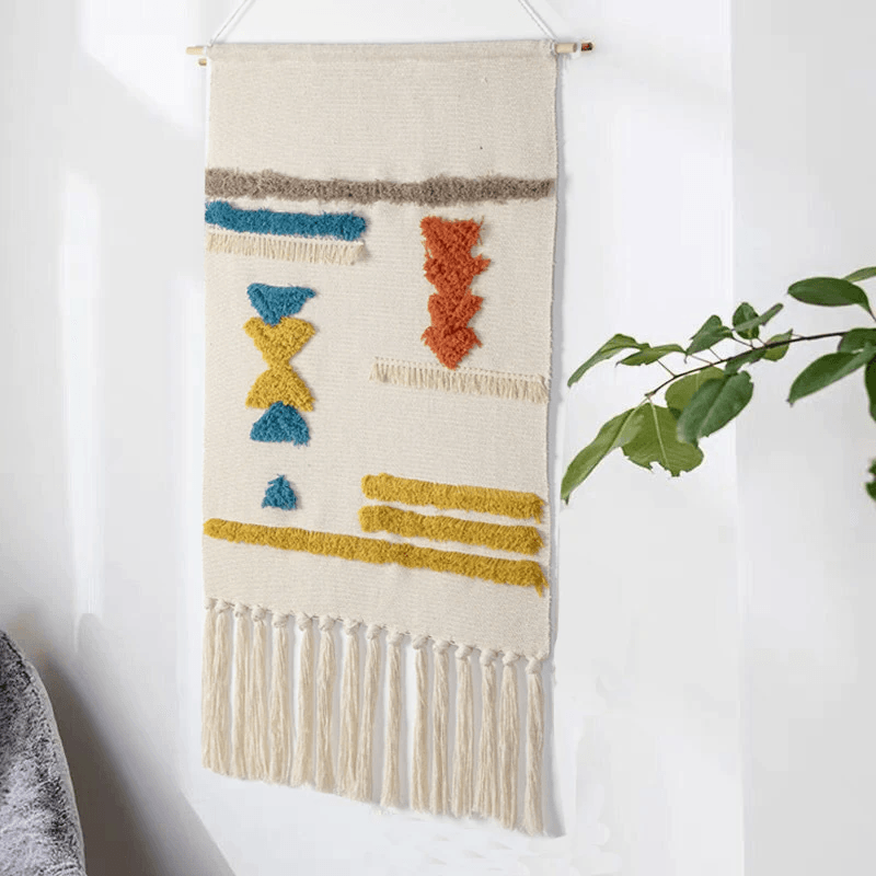 Handwoven Geometric Wall Hanging Tapestry with Tassel Fringe for Living Room, Bedroom & Boho Home Decor