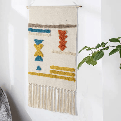 Handwoven Geometric Wall Hanging Tapestry with Tassel Fringe for Living Room, Bedroom & Boho Home Decor